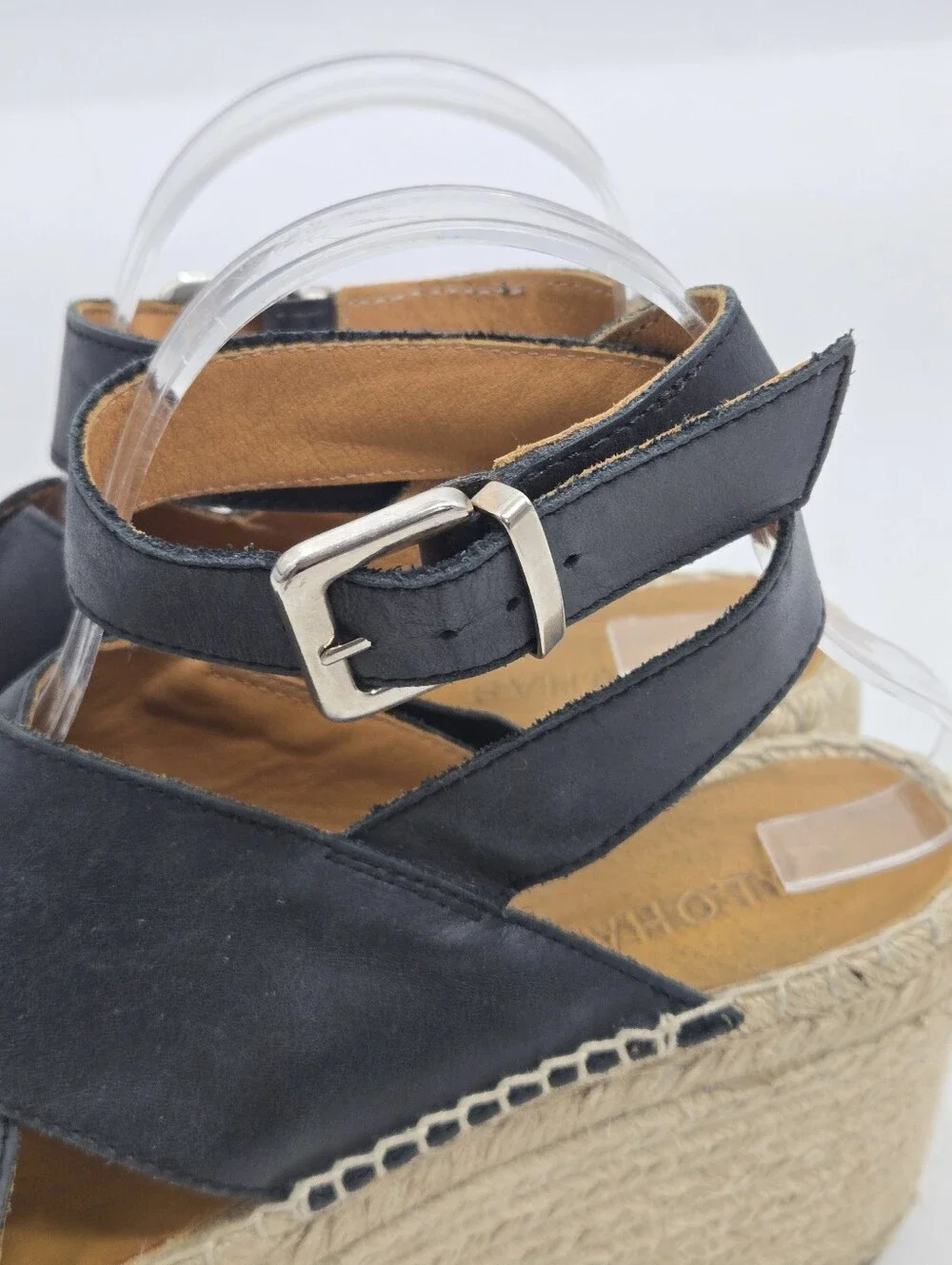 Alohas Black Leather Espadrille‎ Wedge Sandals with Ankle Strap
